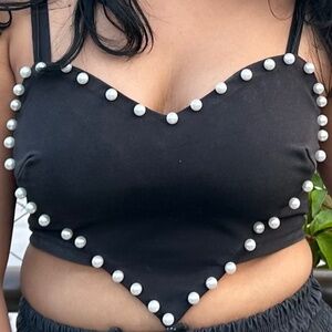 Heart shaped Black Crop top with amazing pearls.